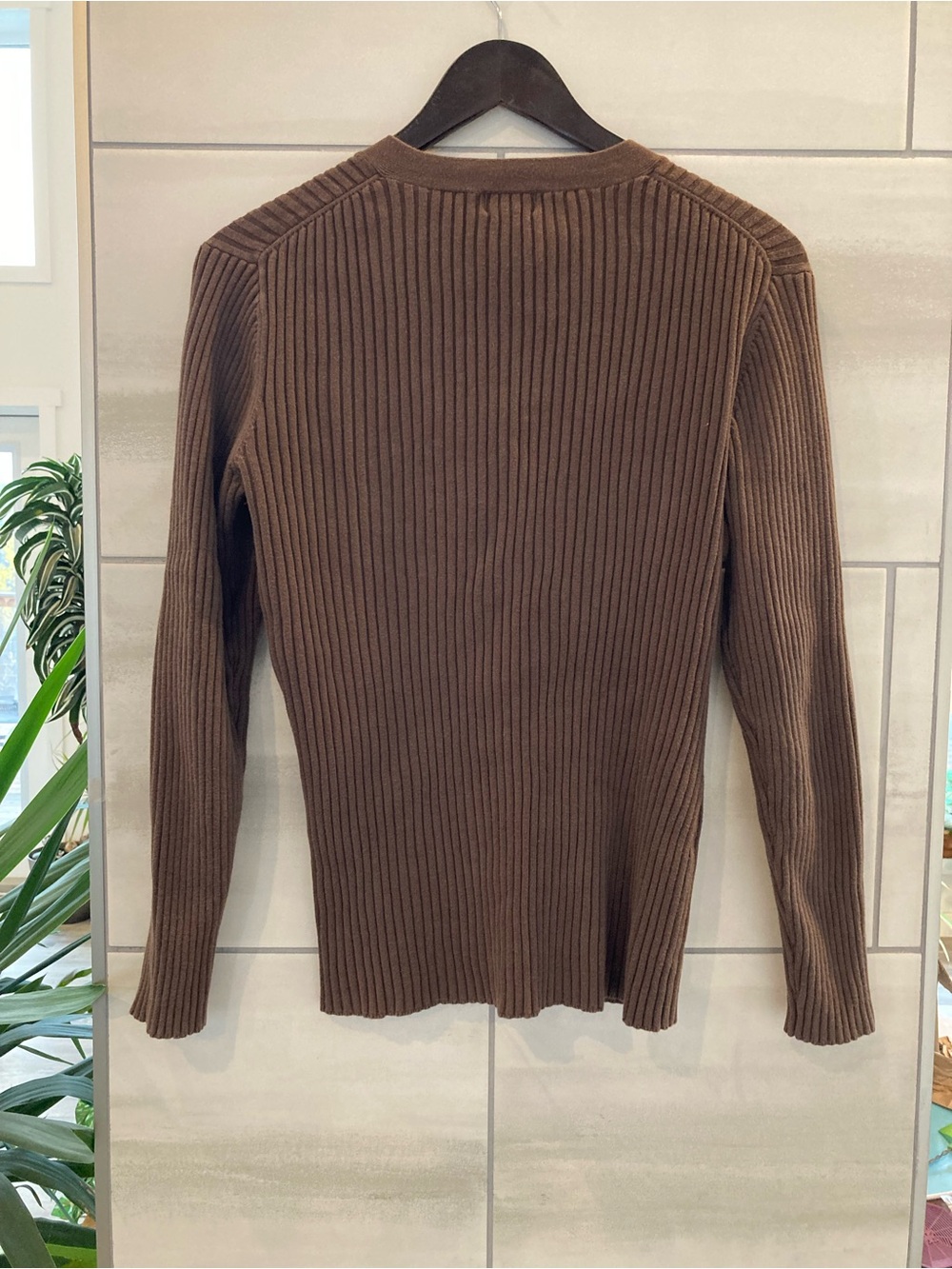 L.L. Bean Chocolate Brown Ribbed V-Neck Button Cardigan - Picture 3 of 6